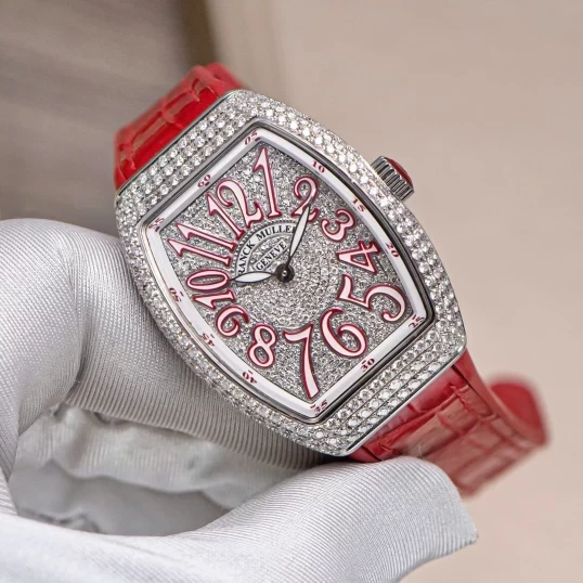 Franck Muller Vanguard V32 Lady Quartz Custom Diamond Pave Red Dial
