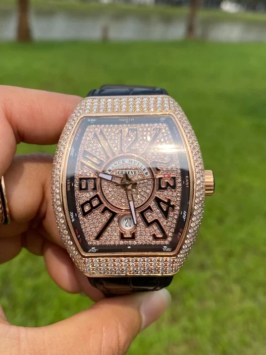 Franck Muller Yachting V41 SC DT 18K Rose Gold Custom Full Diamonds Black Dial
