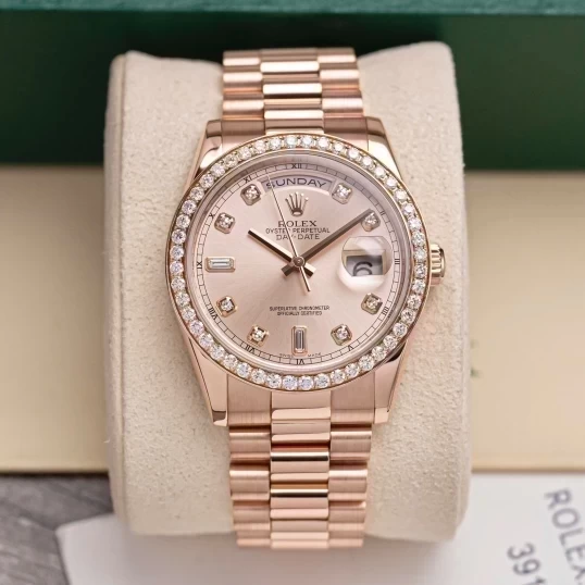 Rolex Oyster Perpetual Day-Date 36mm Ref. 118235 Sundust Dial – Custom Diamond Bezel