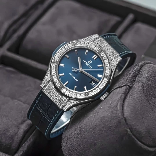Hublot Classic Fusion 38mm Blue Dial Ref. 565.NX.7170.LR - Custom Full Diamond Pave